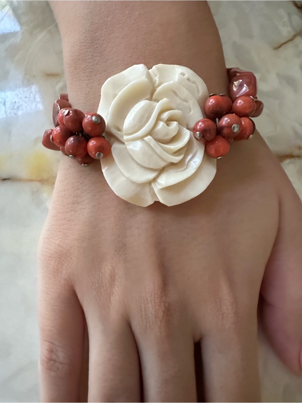 Handcrafted white Coral Rose and Coral Bead Bracelet